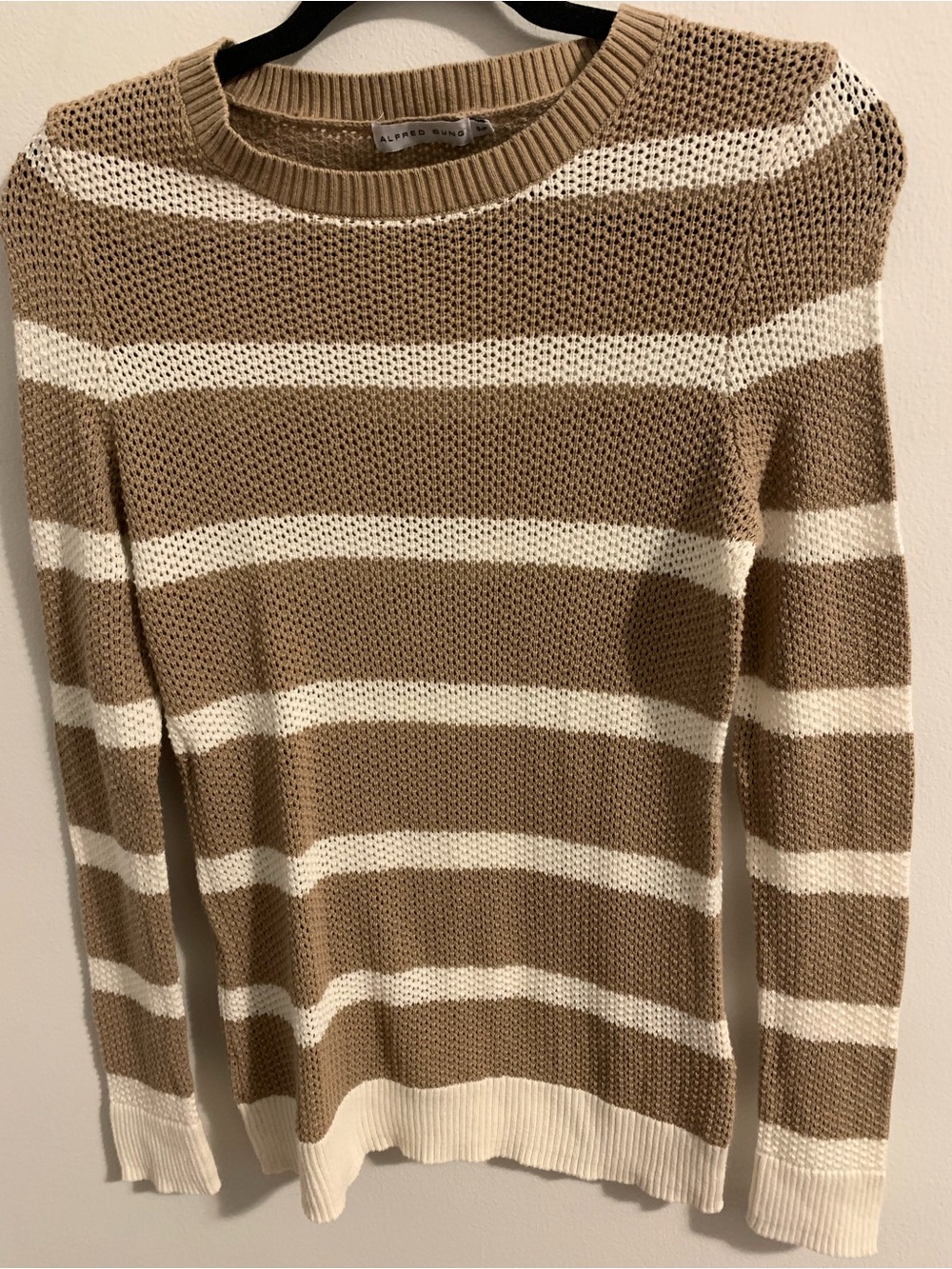 ALFRED SUNG Cream and Tan Striped Cotton Crewneck Sweater